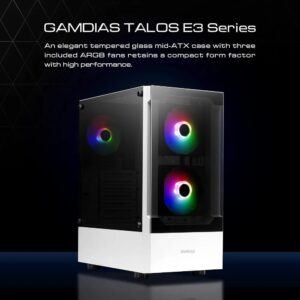 صندوق كمبيوتر GAMDIAS TALOS E3 WH MID TOWER ATX مع 3مراوح لوح زجاجي جانبي لون ابيض