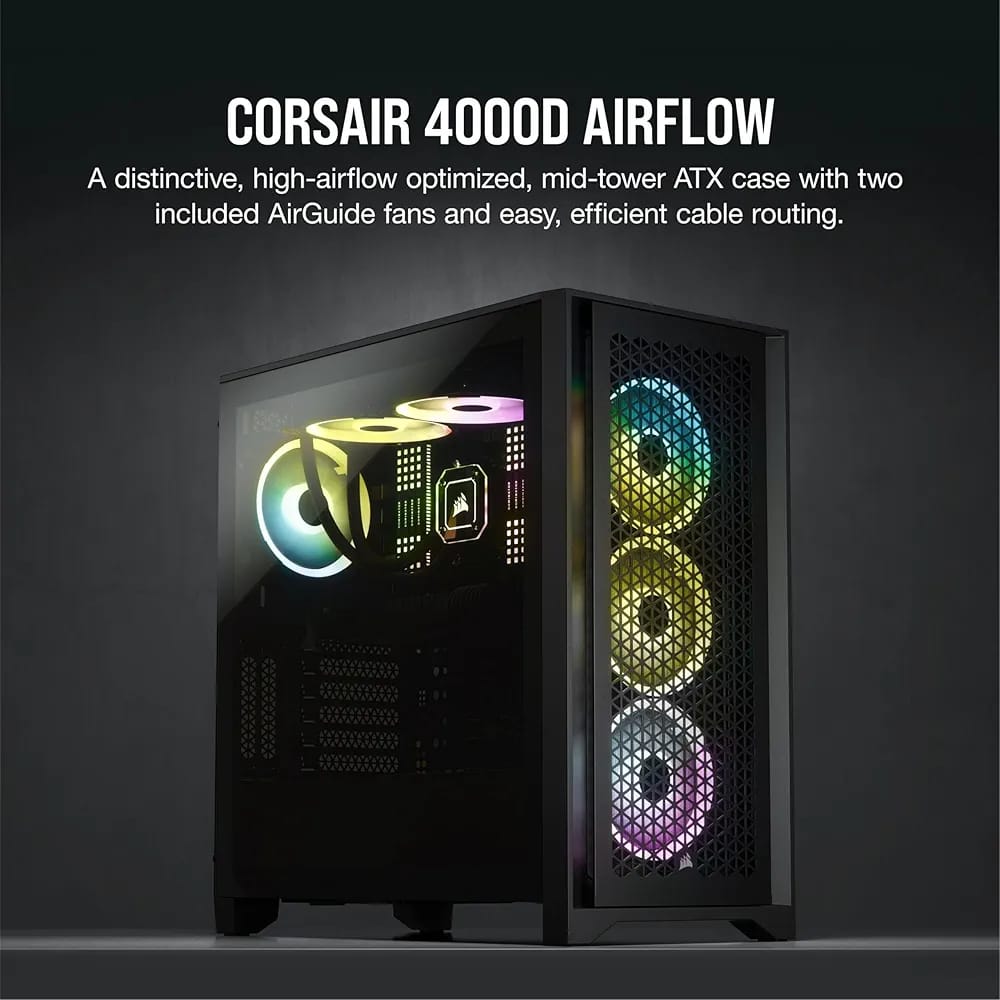 صندوق الكمبيوتر Corsair 4000D Airflow Tempered Glass Mid-Tower ATX باللون الأسود Z.17671893477243943