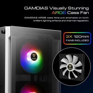 صندوق كمبيوتر GAMDIAS TALOS E3 WH MID TOWER ATX مع 3مراوح لوح زجاجي جانبي لون ابيض
