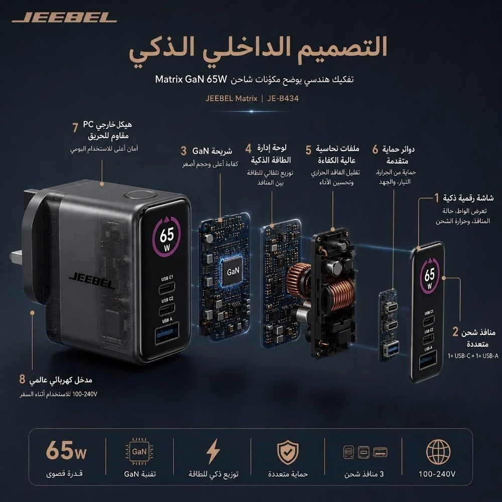 شاحن جداري سريع جيبيل 65 واط بتقنية GaN مع 3 منافذ وشاشة رقمية - أسود -Z.17798140206420343 - الصورة 4